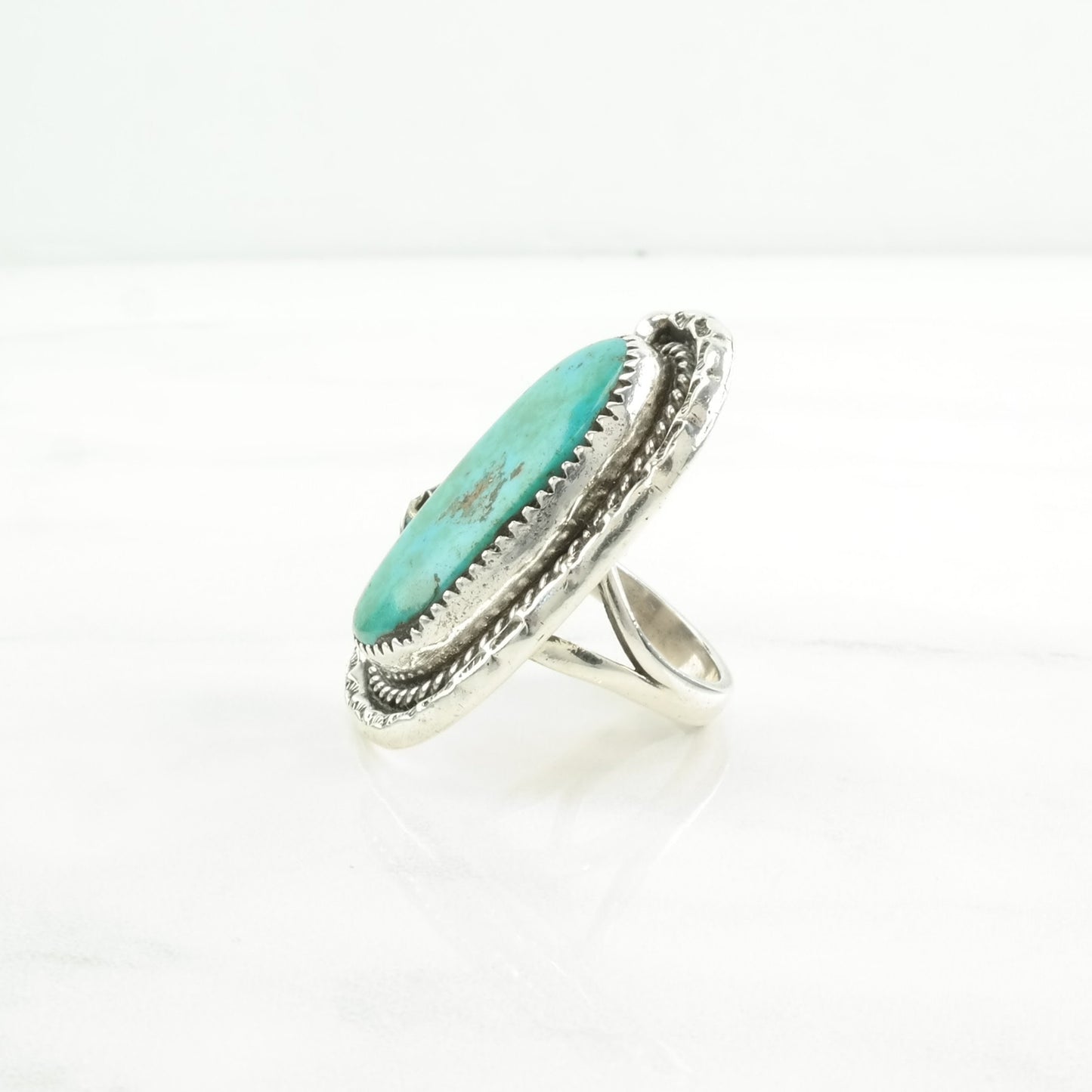 Vintage Native American Silver Ring Turquoise Leaf, Large Sterling Blue Size 6 3/4