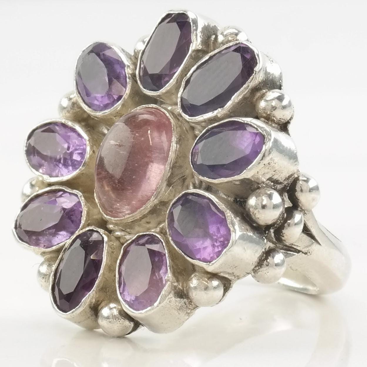 Vintage Sterling Silver Ring Amethyst, Rose Quartz Size 4 3/4