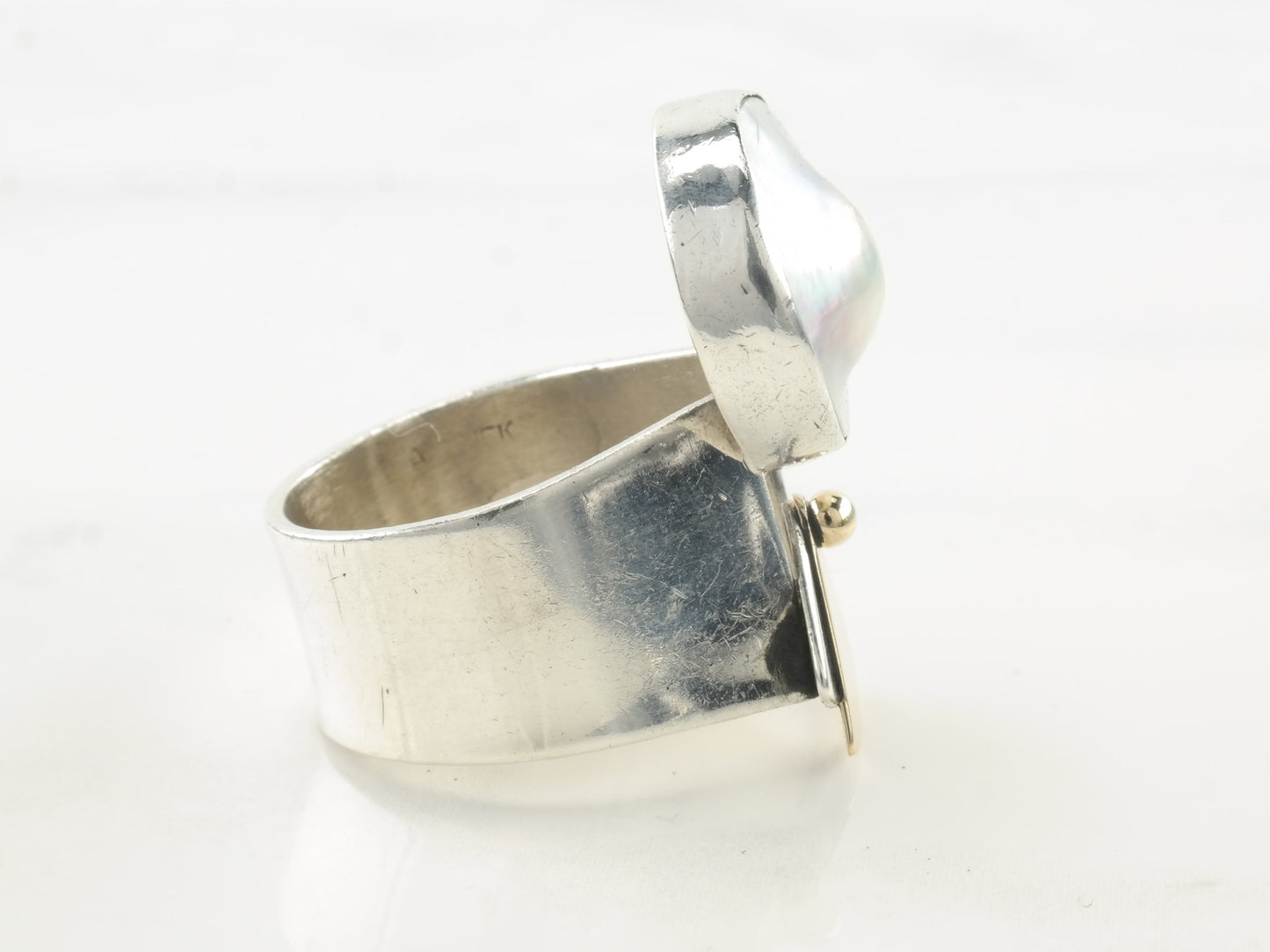 Vintage Modernist Silver Ring Pearl Two tone Sterling Size 6 1/2