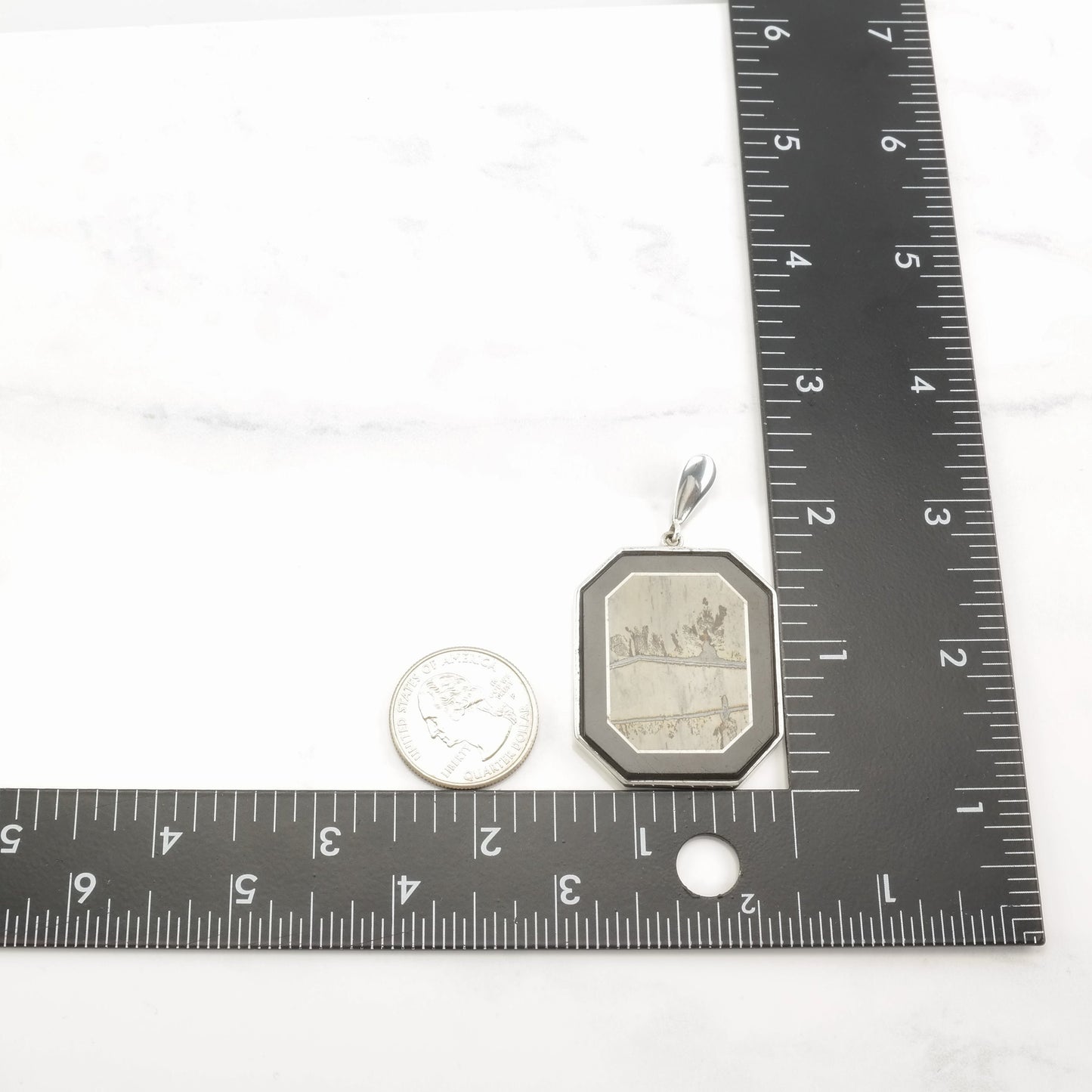 OOAK Modernist Intarsia, Onyx, Dendritic Agate Frame Sterling Silver Pendant P2090