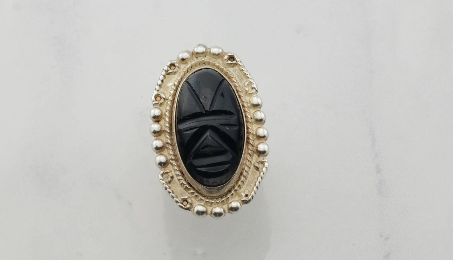 Vintage Sterling Silver Ring Obsidian Black Size 6.5