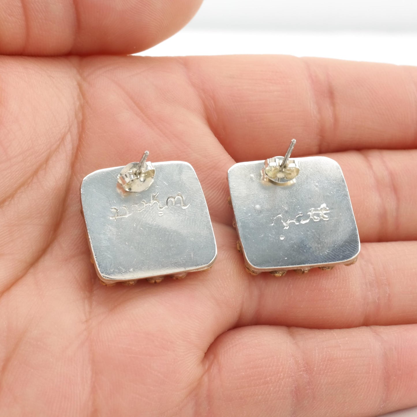 Vintage Western Sterling Silver Stud Earrings Square Brass Star