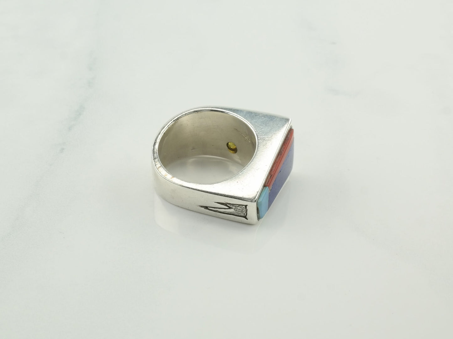 Vintage Native American Silver Ring Lapis Coral Opal Inlay Sterling Multicolor Size 8 1/4