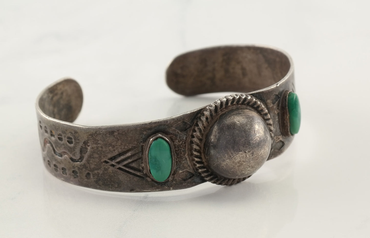 Fred Harvey Era Sterling Silver Cuff Bracelet Green Turquoise