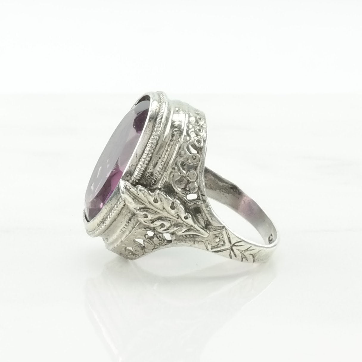 Vintage Art Deco Revival Silver Ring Amethyst Filigree Sterling Purple Size 5 1/2