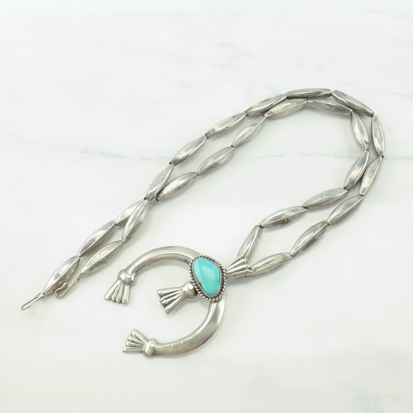 Vintage Native American Sterling Silver Blue Turquoise Sandcast, Naja Necklace