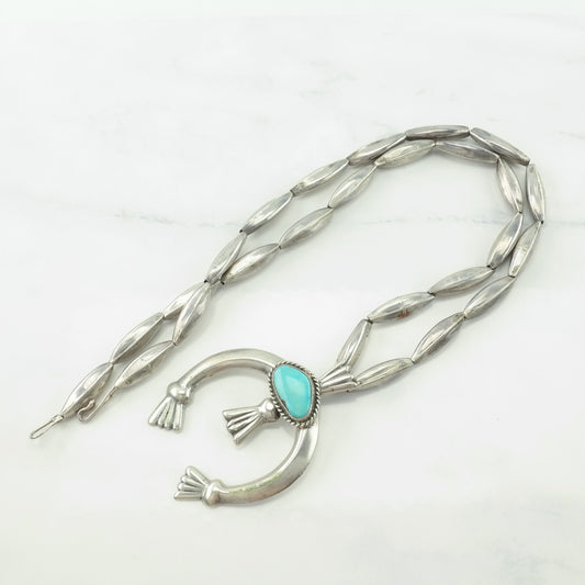 Vintage Native American Sterling Silver Blue Turquoise Sandcast, Naja Necklace