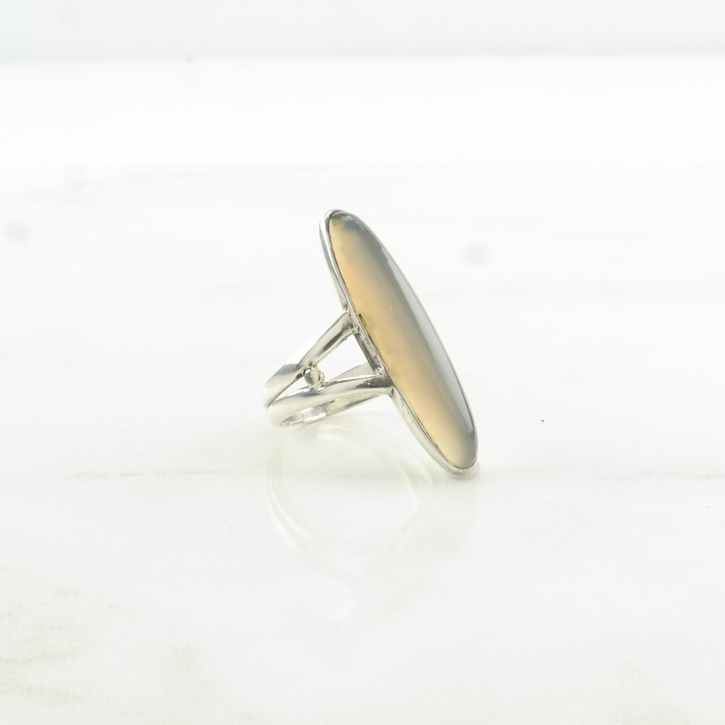 Vintage Art Deco Silver Ring Agate Navette Sterling Gray Size 4 1/2