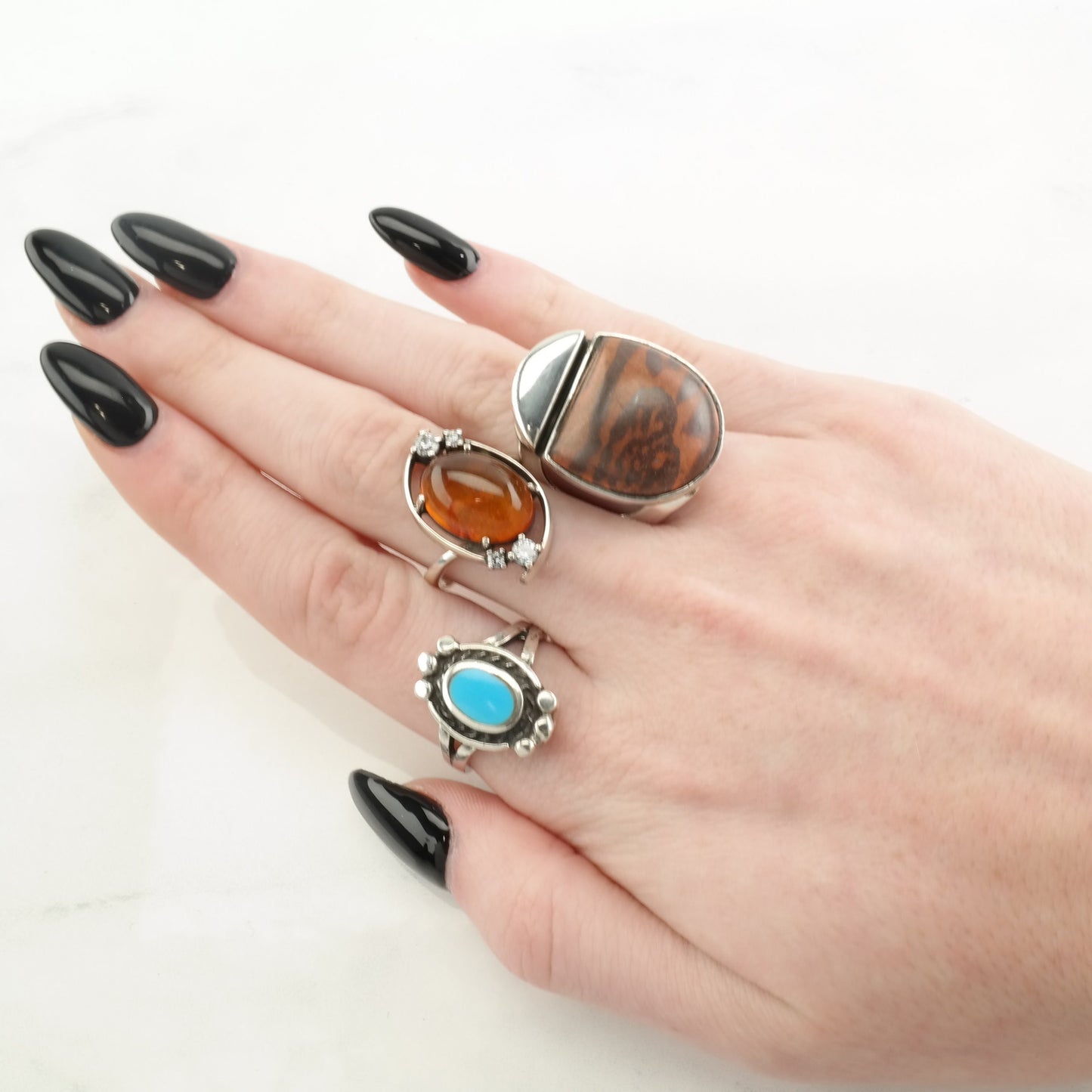 Vintage DTR Silver Ring Petrified Wood Modernist Sterling Brown Size 7 1/2
