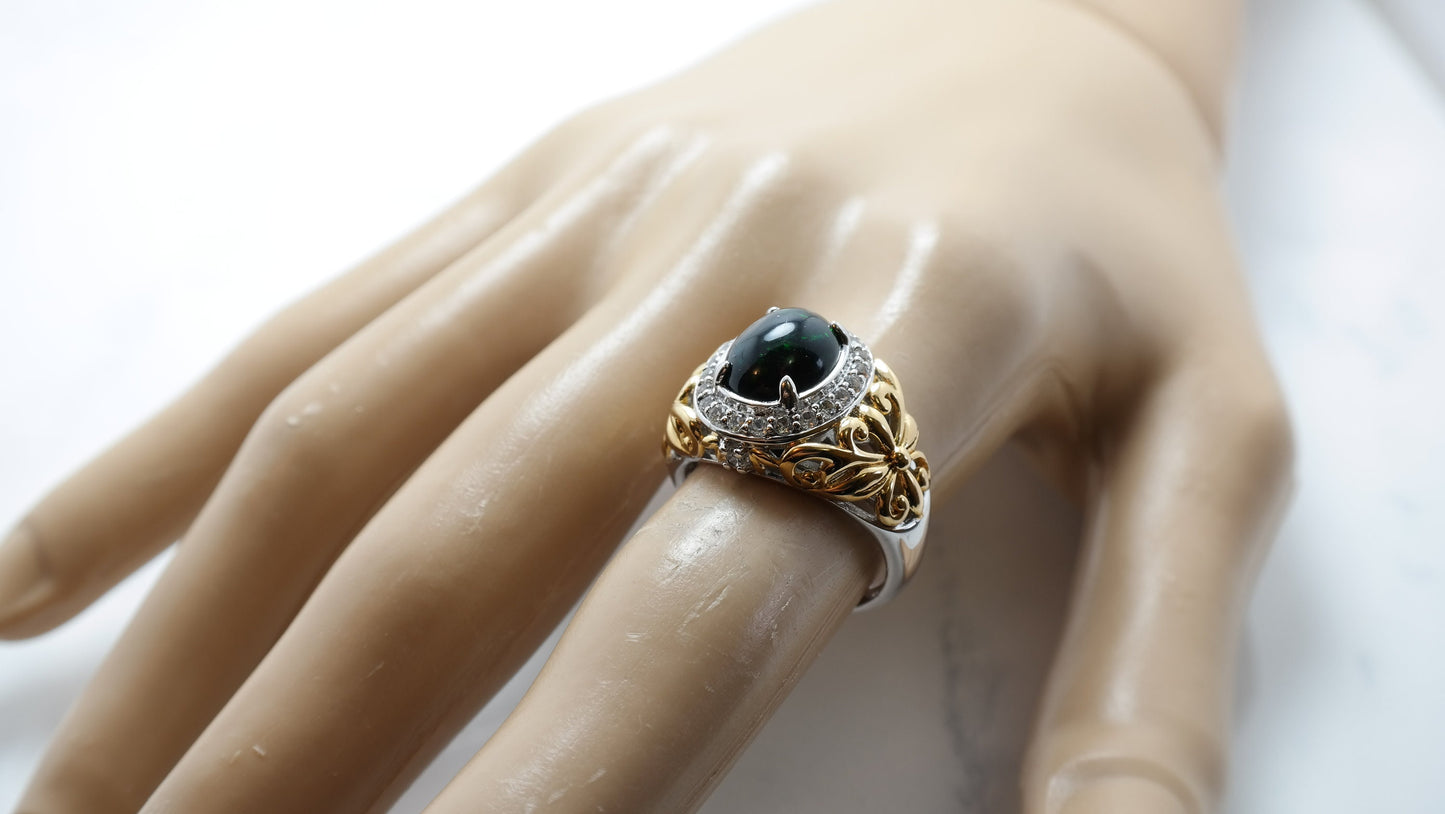 Vintage Sterling Silver Ring Black Opal Gold Plated Size 7