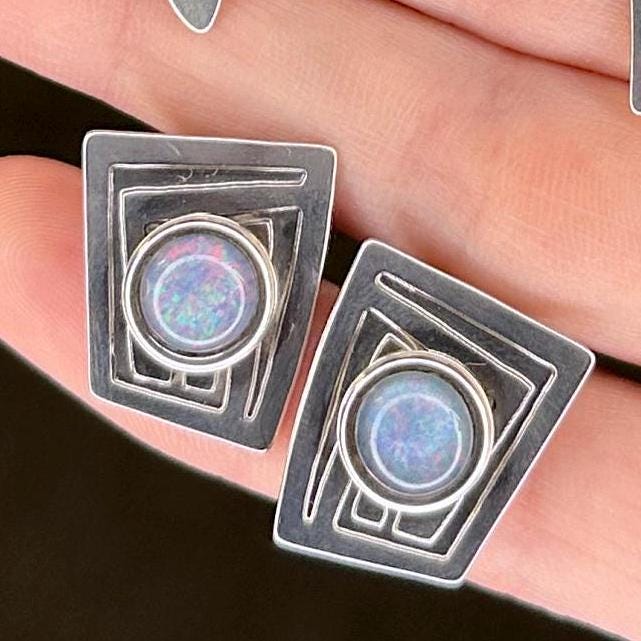 Stamas Sterling Silver Opal Doublet Circle Stamped Earrings Clip On