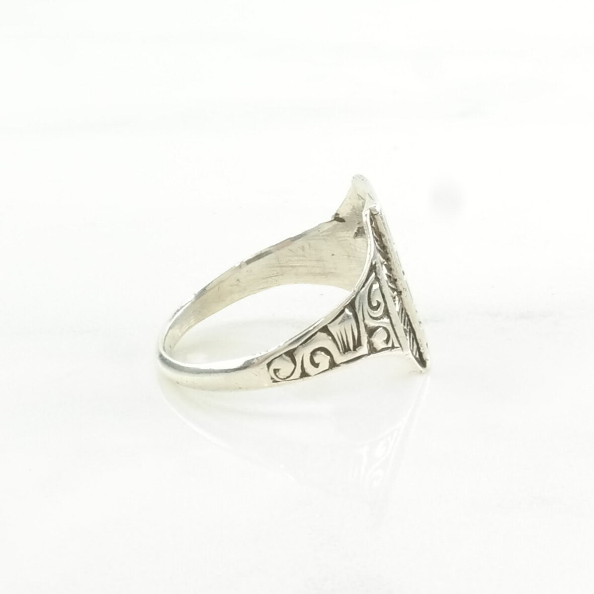 Vintage Antique Silver Ring Floral Hand Engraved Sterling Size 6 3/4, 7 1/4