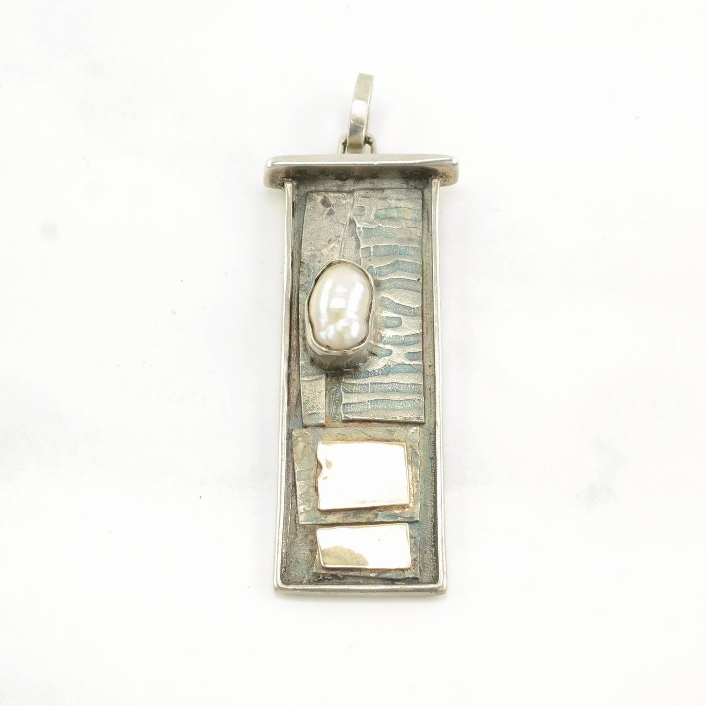 Vintage Brutalist Pearl Gold Toned Elements Sterling Silver Pendant