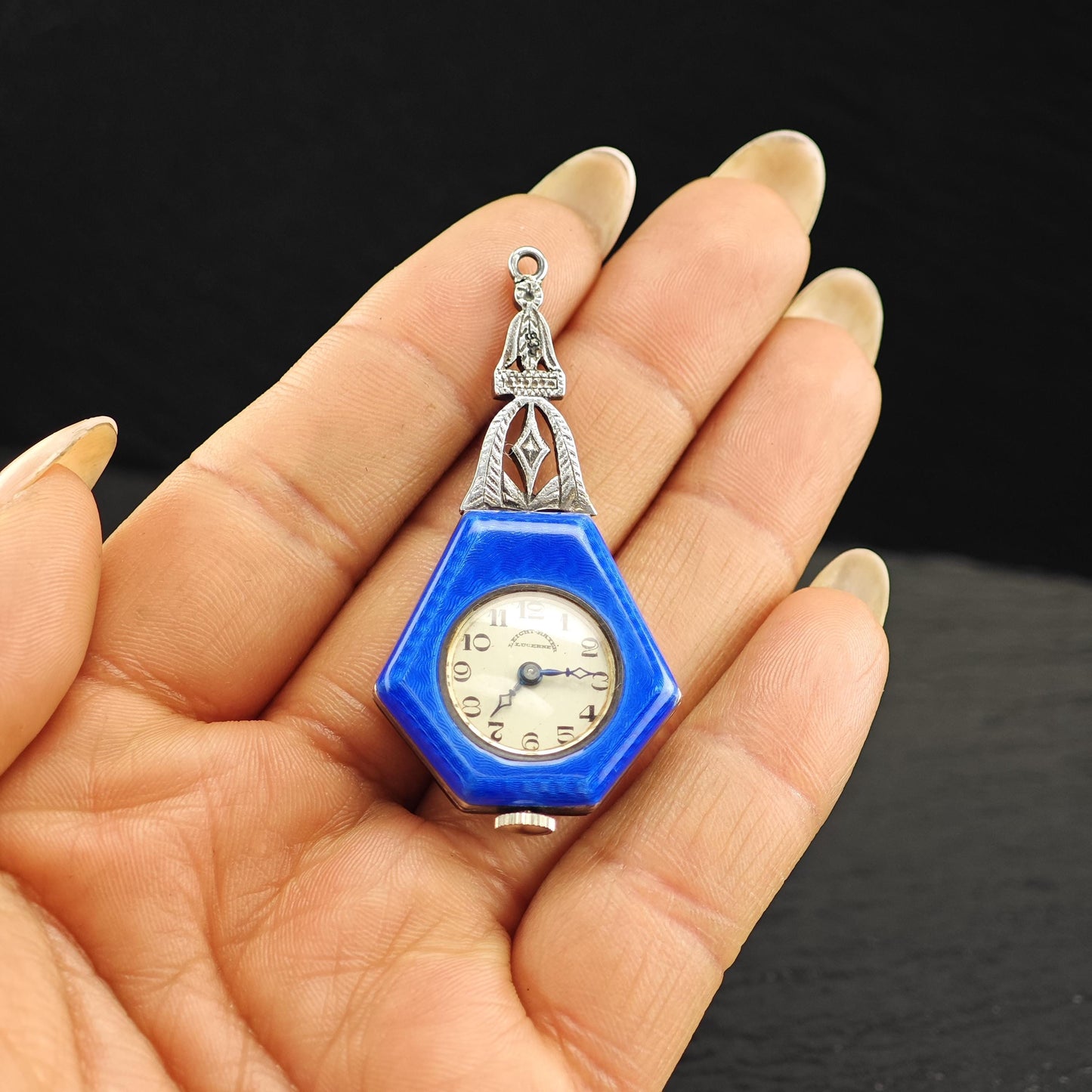 As Is Art Deco, Leicht-Mayer Lucerne, Enamel Pendant Watch Sterling Silver