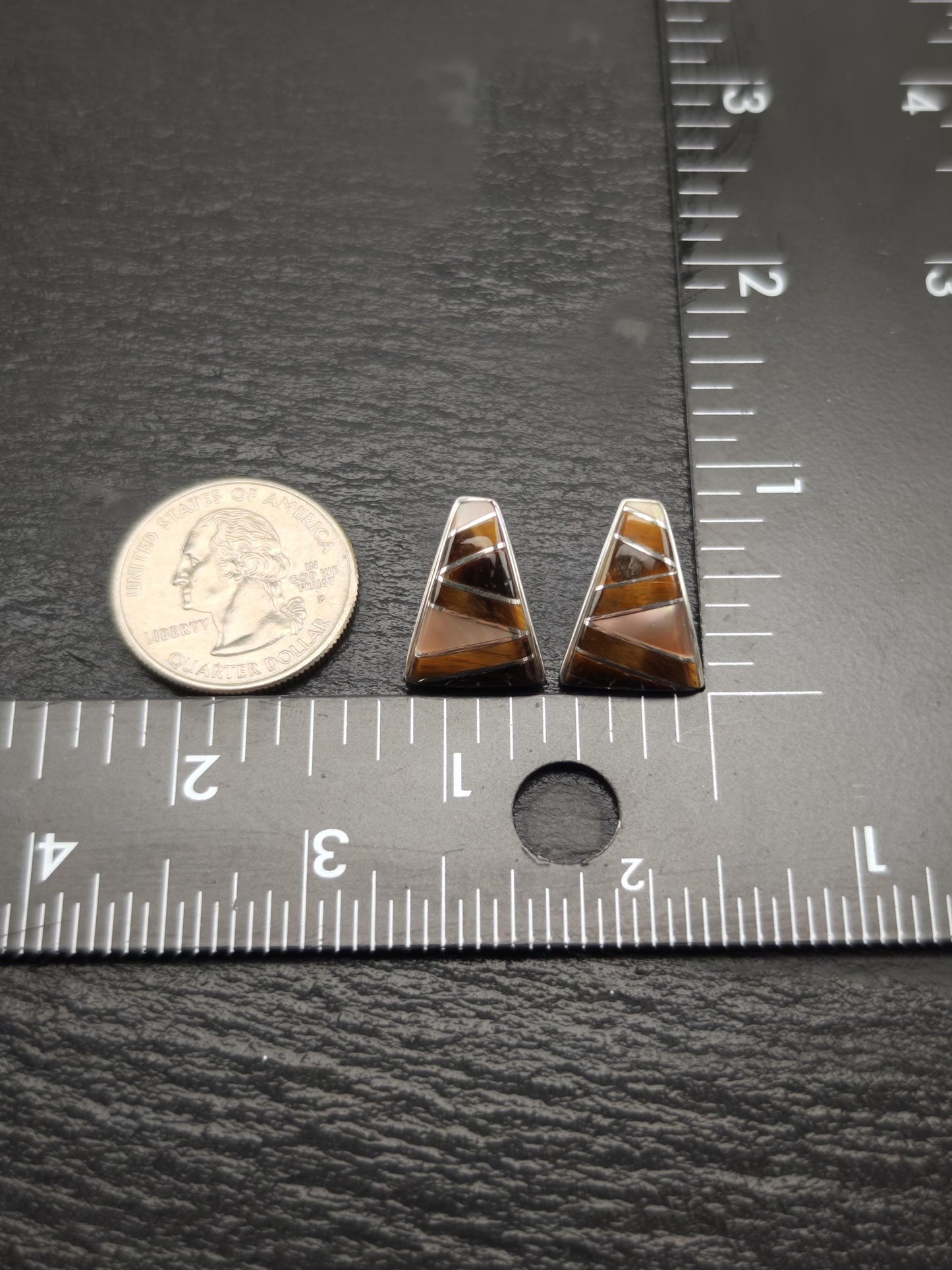 Brown, Translucent Tigers Eye, MOP Geometric, Inlay Stud Earrings Sterling Silver