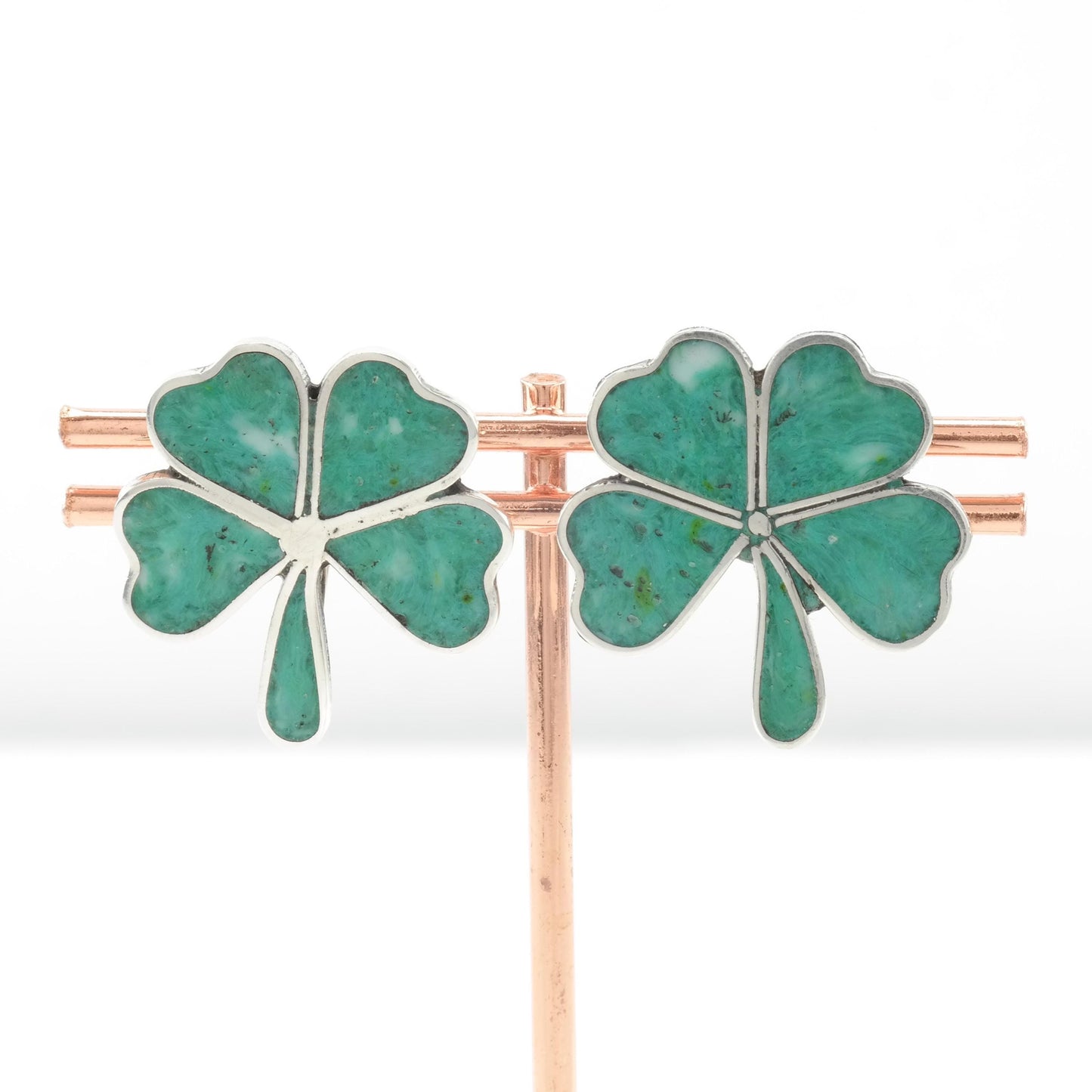 Vintage Four Leaf Clover Screw Back Earrings Sterling Silver Gemstone Inlay