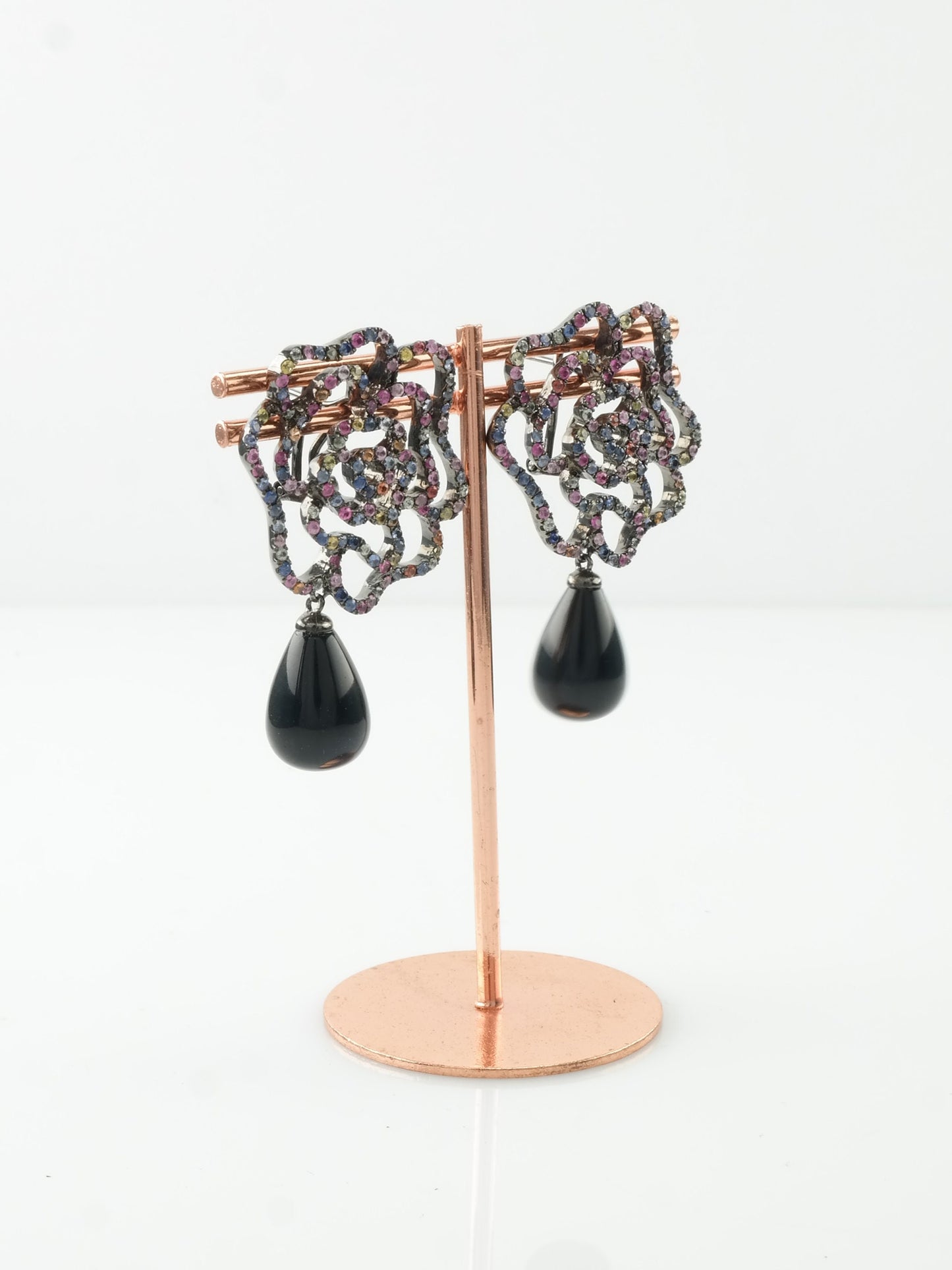 Levian Sterling Silver Multicolor Black Onyx Sapphire Floral Omega back Earrings