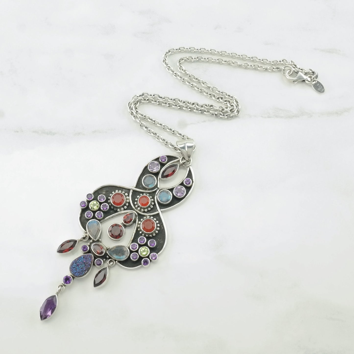 Vintage Nicky Butler Sterling Silver Garnet, Amethyst, Prasiolite, Labradorite Cluster Necklace