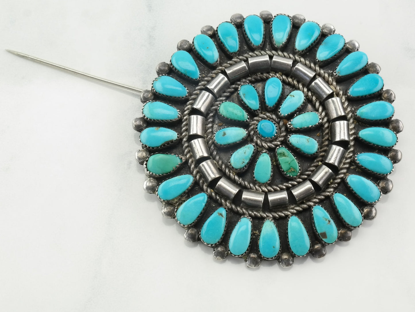 Native American Sterling Silver Brooch Cluster Flower Turquoise