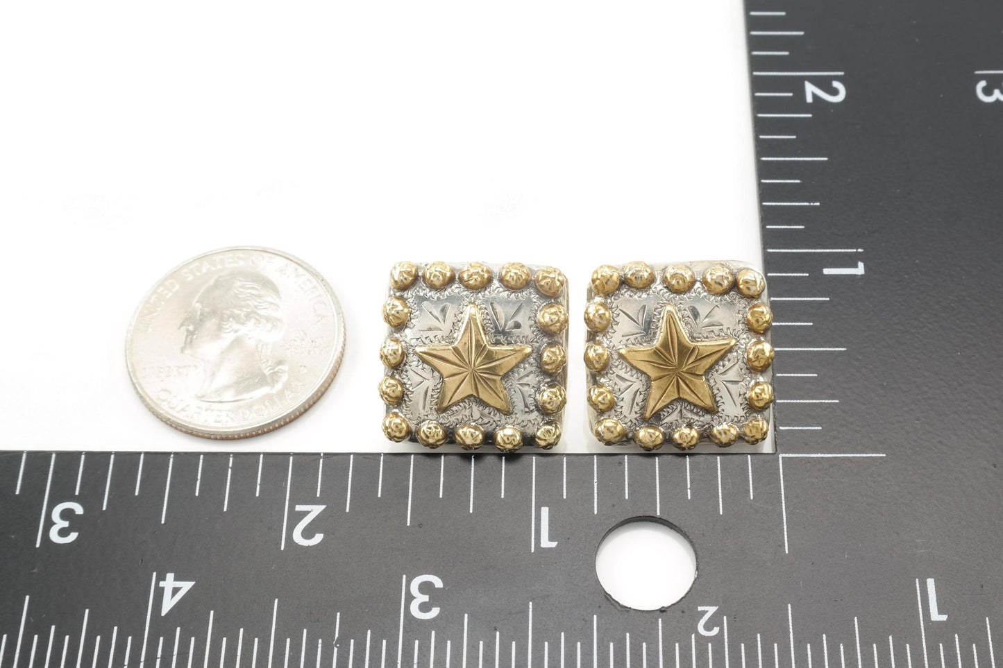 Vintage Western Sterling Silver Stud Earrings Square Brass Star
