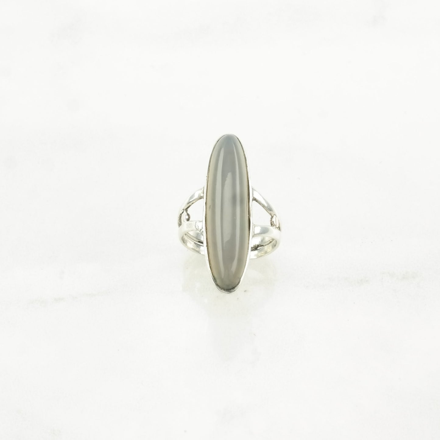 Vintage Art Deco Silver Ring Agate Navette Sterling Gray Size 4 1/2