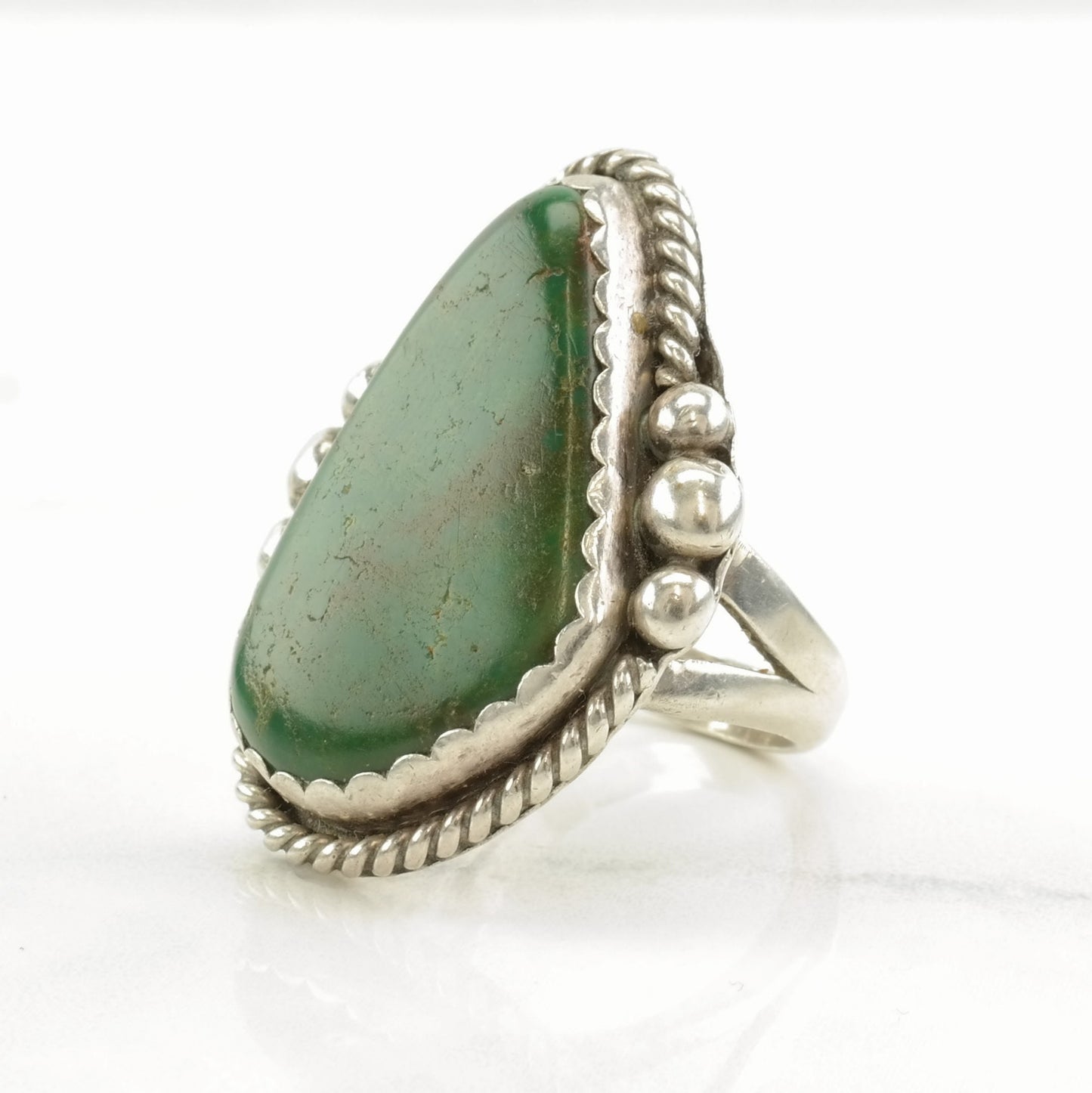Vintage Native American Sterling Silver Green Turquoise Ring, Size 11, 1970s Southwestern Jewelry, Statement Ring