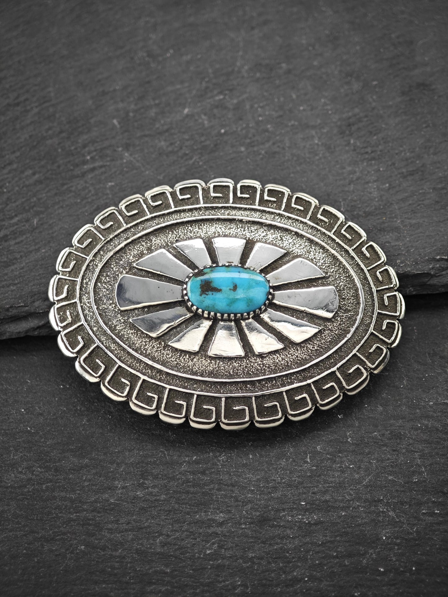 Signed Native American, Tufa Cast Belt Buckle Sterling Silver
