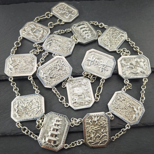 Antique Chinese Export Repousse Sterling Silver Belt Marked Hung Chong