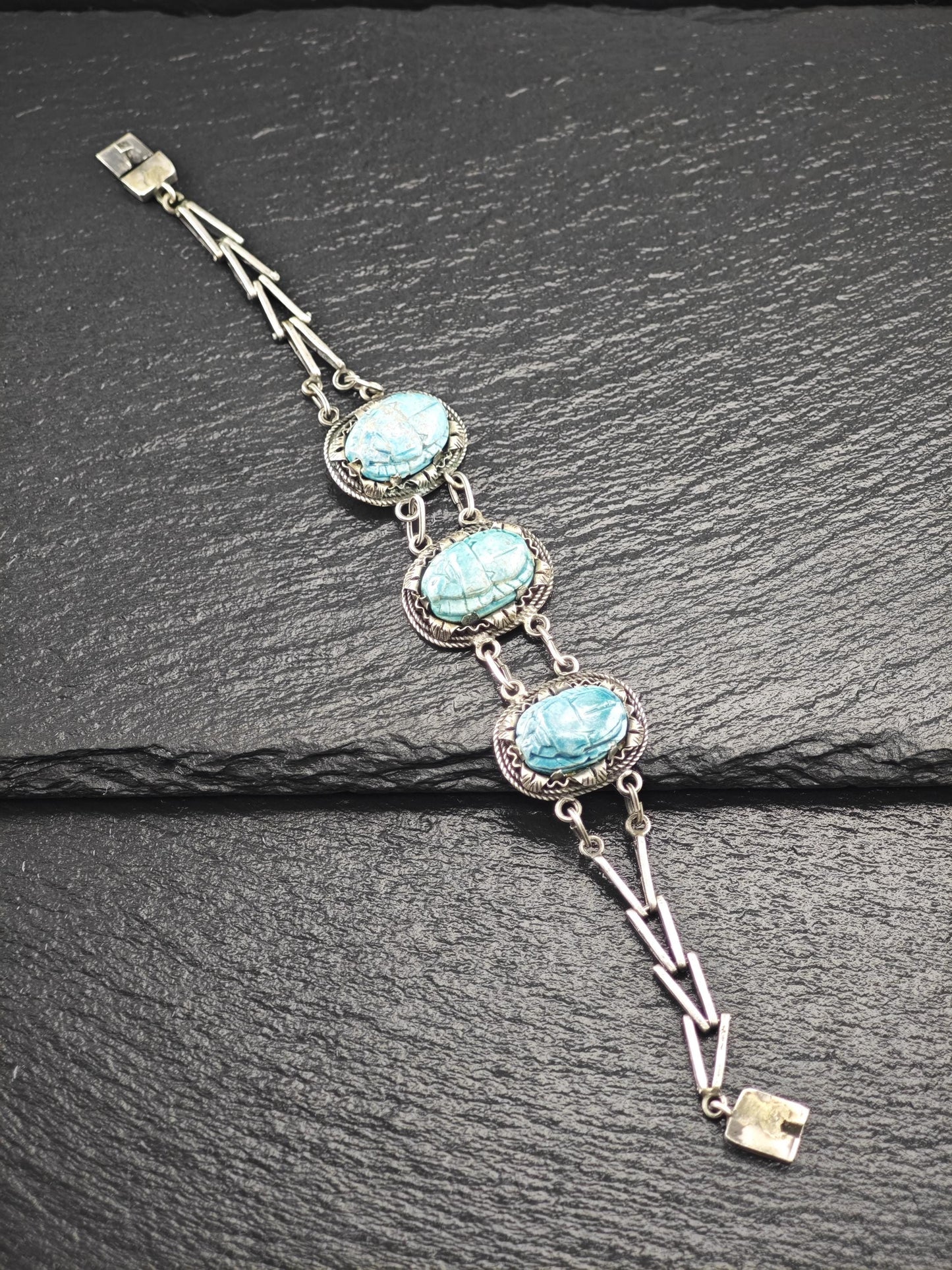 Archeological Egyptian Revival, Scarab Bracelet Sterling Silver