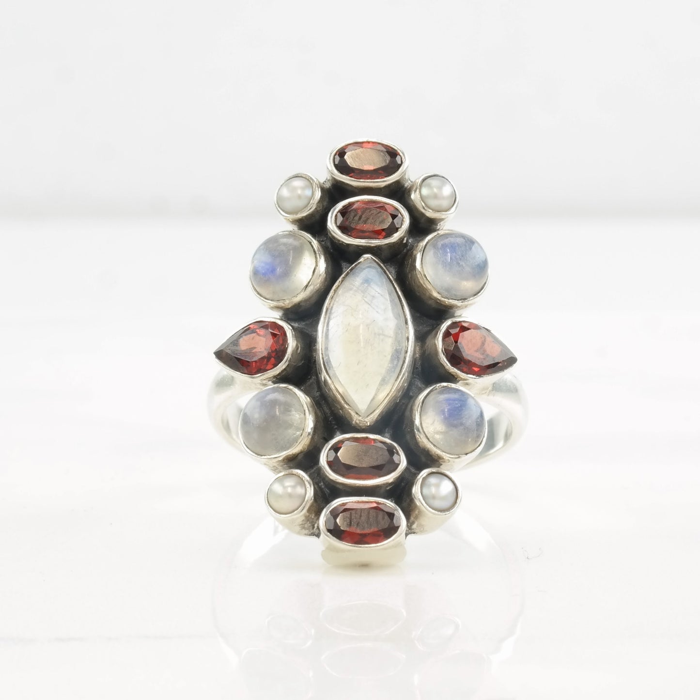 Vintage Nicky Butler Ring Moonstone, Garnet, Pearl Cluster Sterling Silver Size 12