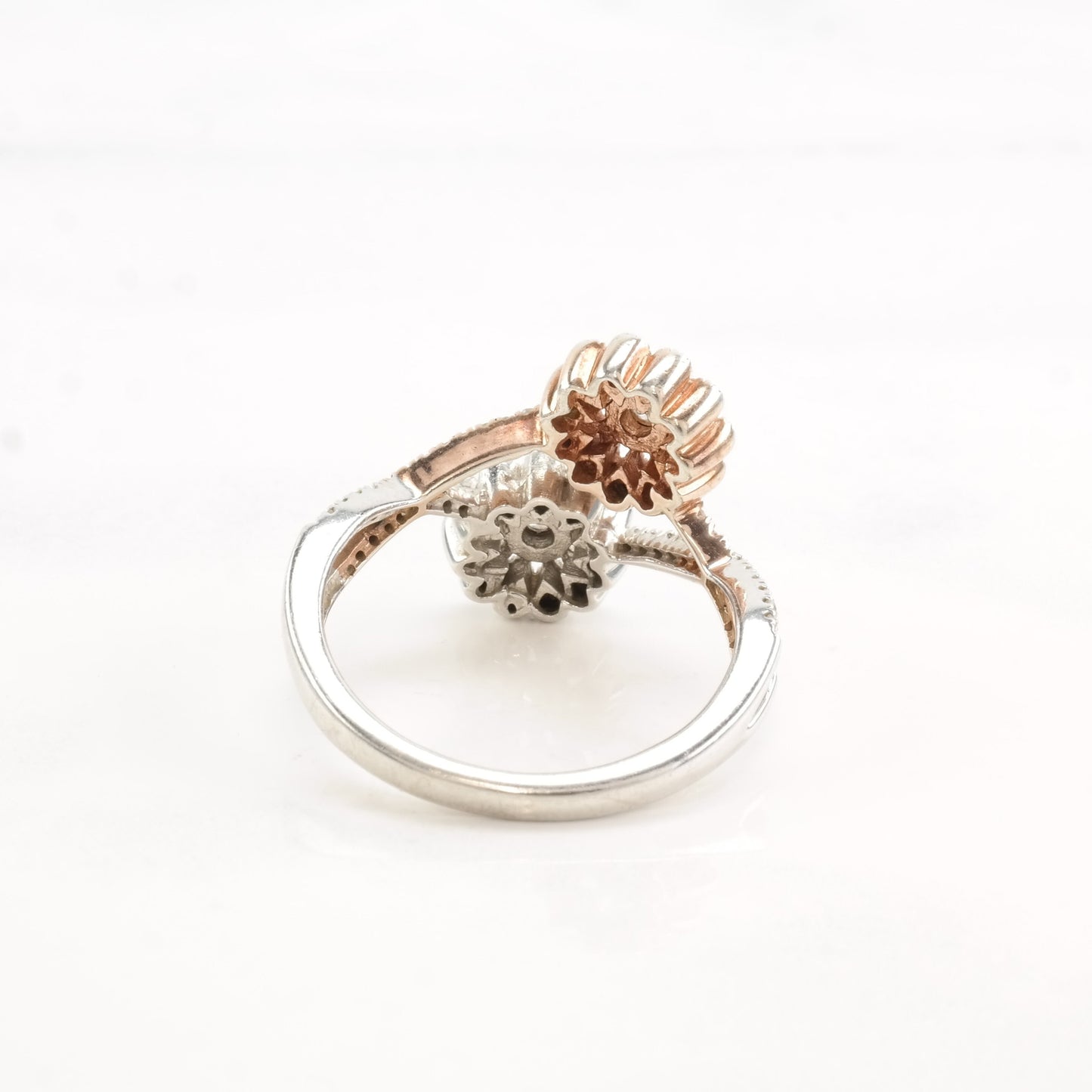 Vintage Sterling Silver Ring Diamond Flowers Rose Gold Plate Size 9