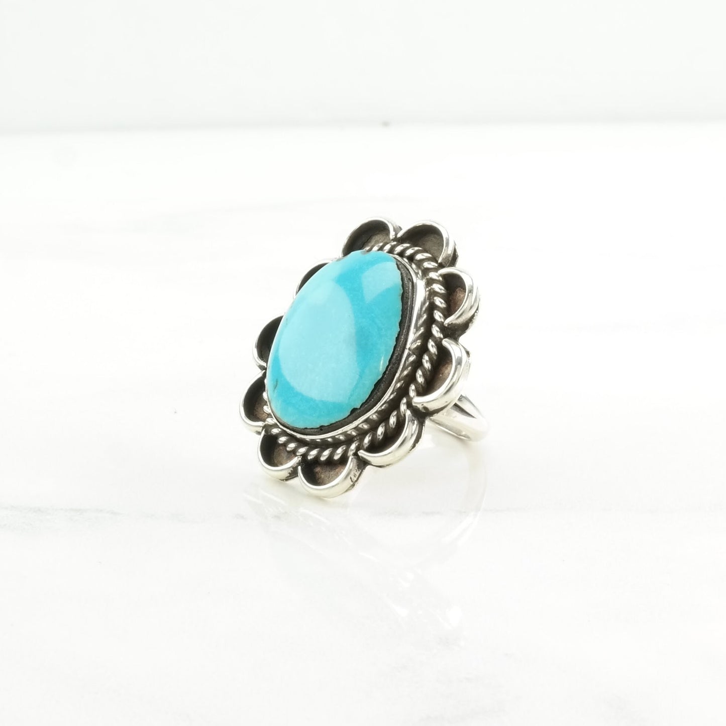 Vintage Native American Silver Ring Turquoise Floral Sterling Blue Size 5