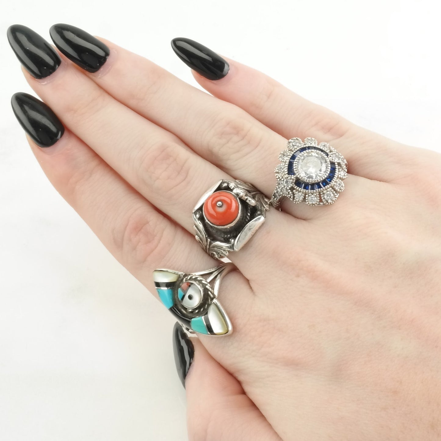 Vintage Zuni Silver Ring Turquoise, Onyx, MOP Inlay Sterling Size 7 1/2