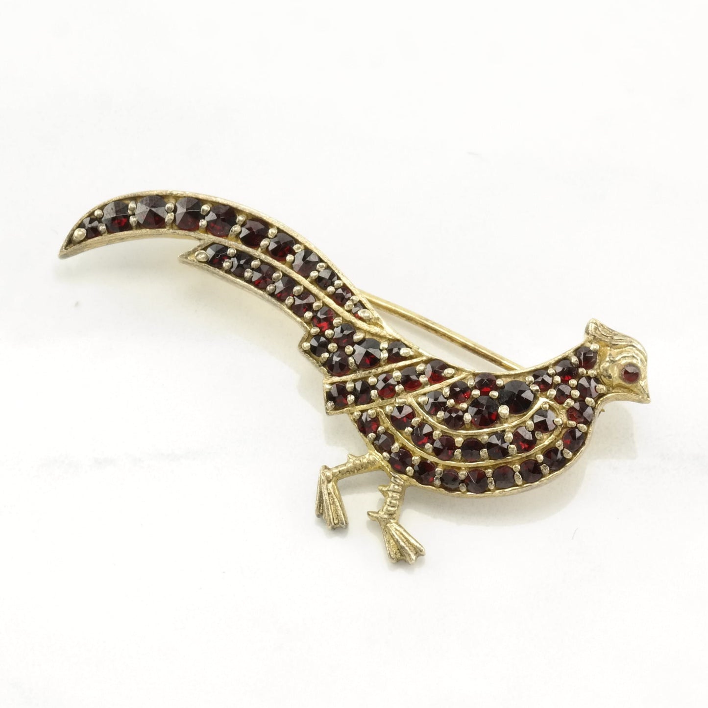 European Sterling Silver Quail Brooch with Bohemian Garnets, 900 Silver, Red Garnet Bird Brooch