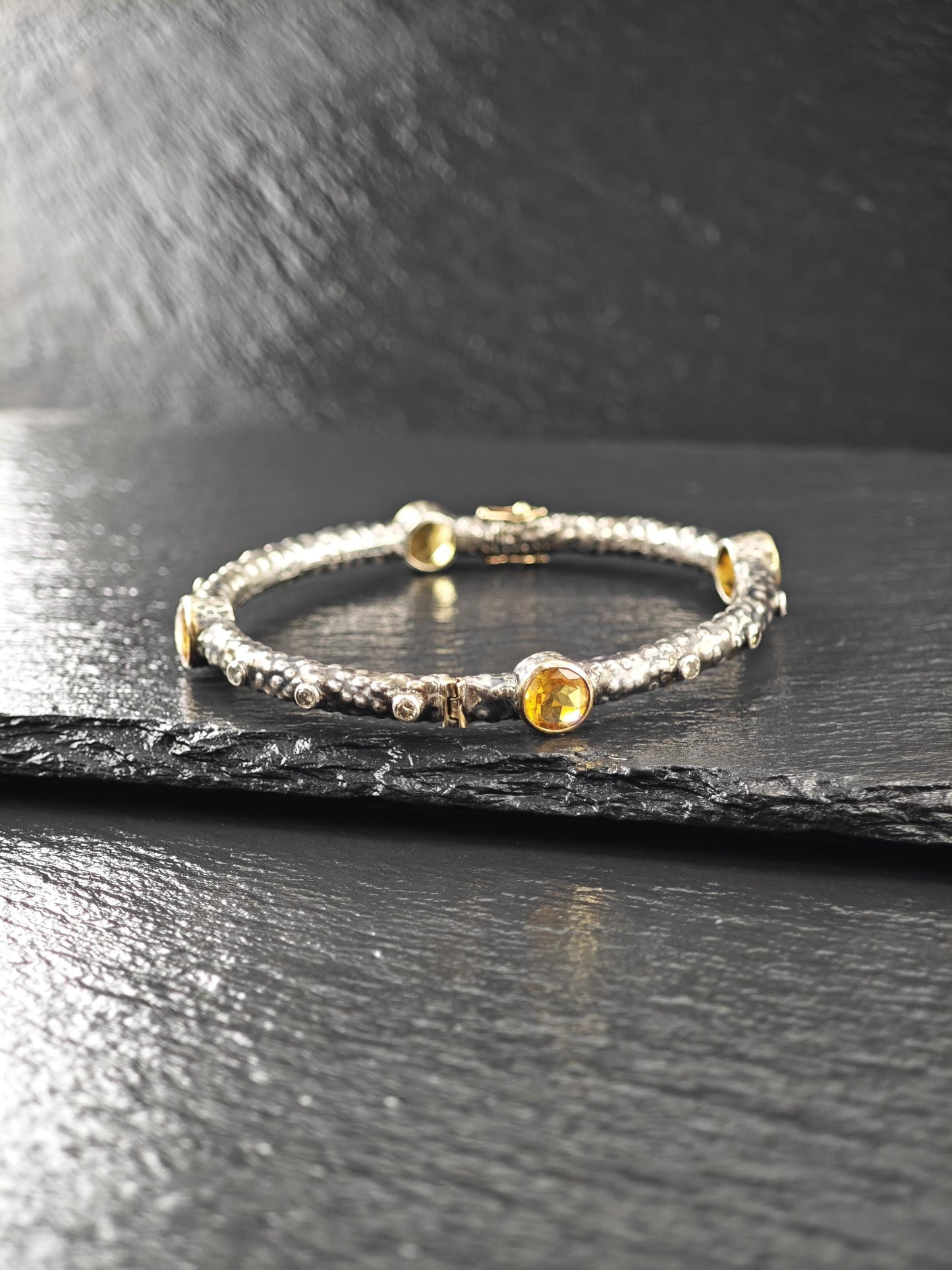 Brutalist 18K Gold Accent Citrine, Diamond Bangle Bracelet Sterling Silver