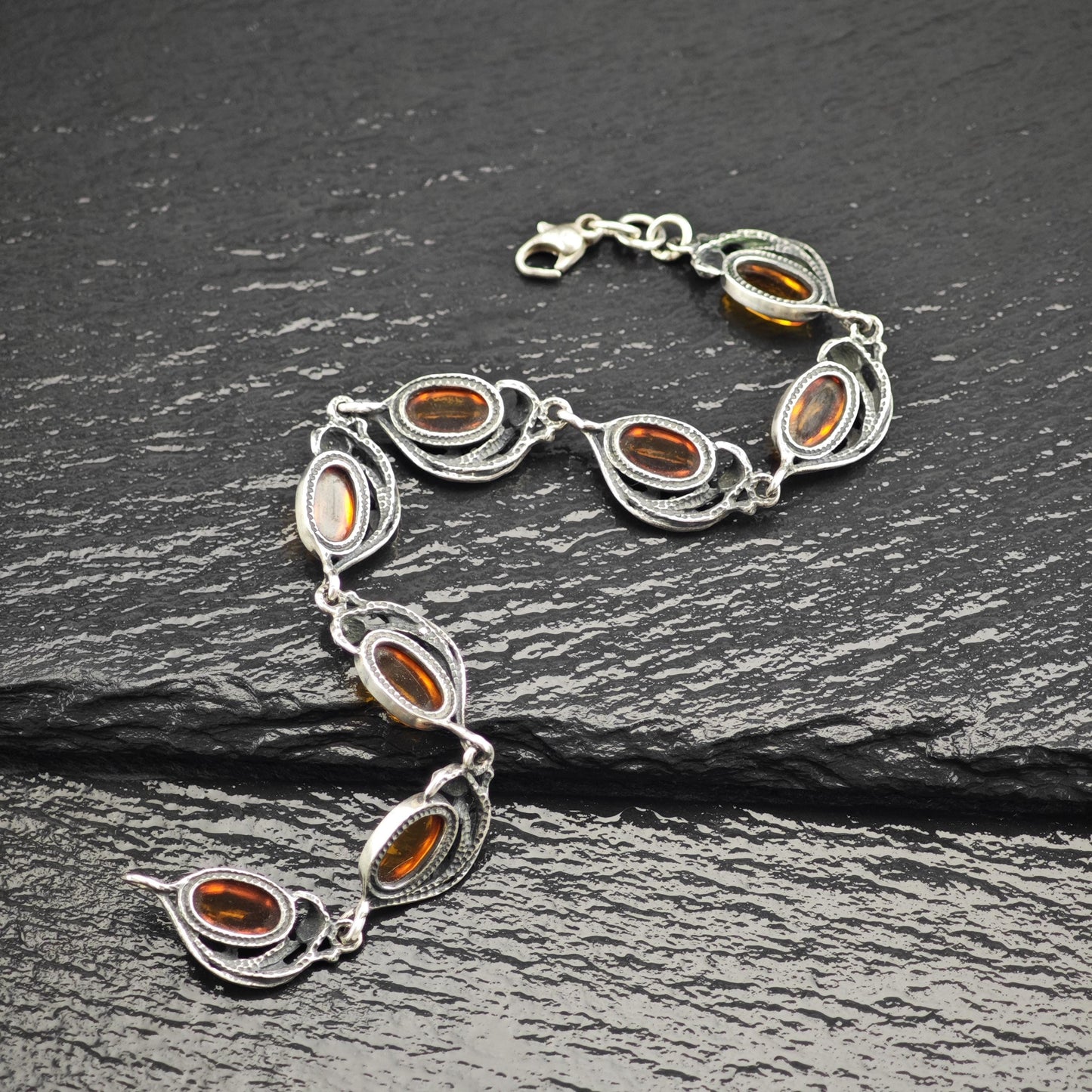 Art Nouveau Style Amber Link Bracelet Sterling Silver