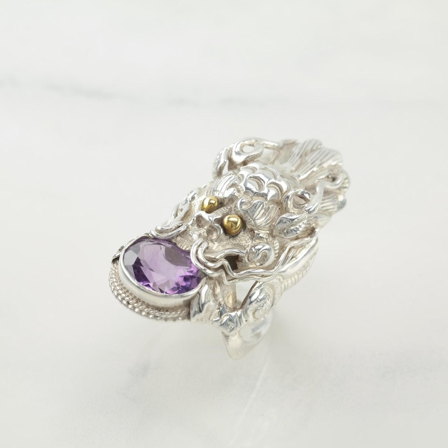 Vintage Large Nepal Amethyst Dragon Purple, Gold Tone Sterling Silver Ring Size 8 1/2