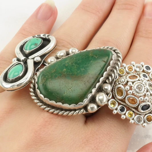 Vintage Native American Sterling Silver Green Turquoise Ring, Size 11, 1970s Southwestern Jewelry, Statement Ring