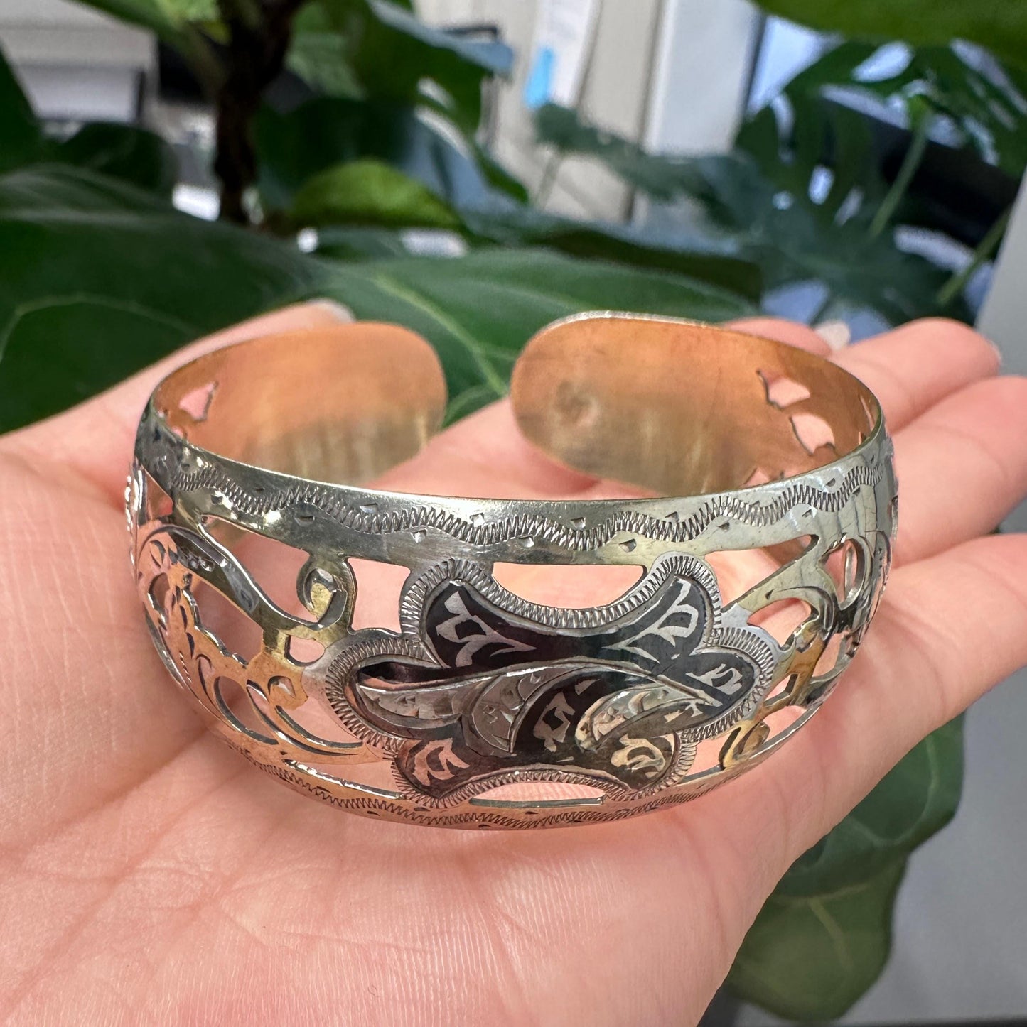 Niello Kubachi  Gold Gilded Filigree, USSR Sterling Silver Cuff Bracelet