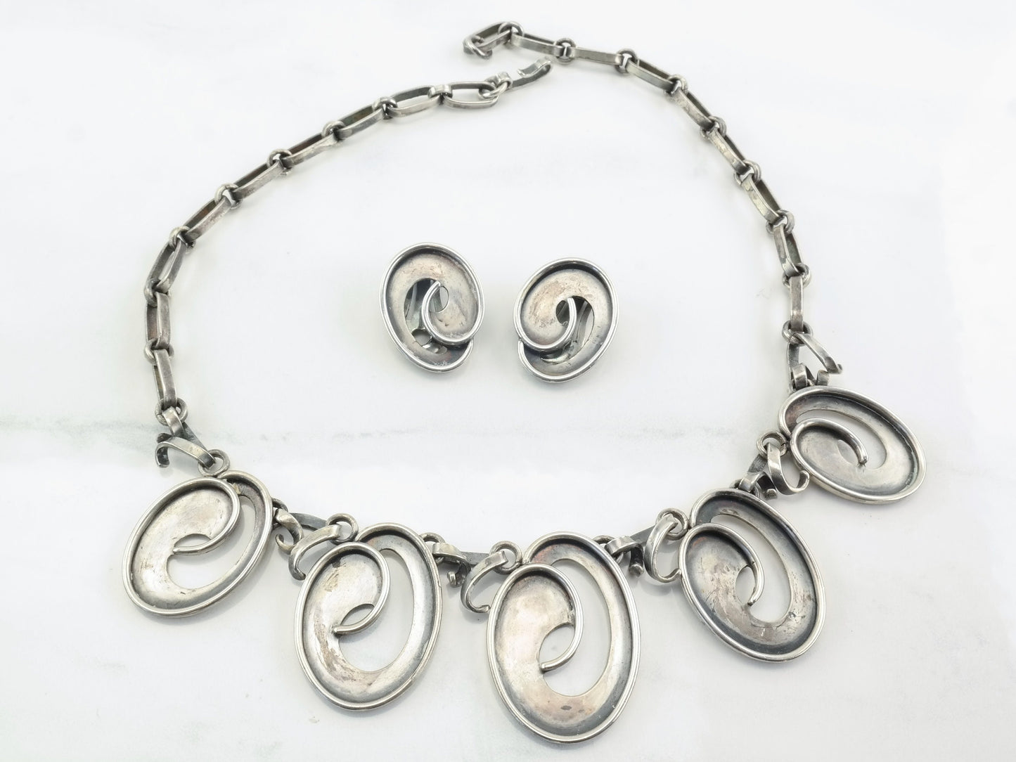 Modernist RWW Sterling Silver Necklace Earrings Jewelry Set