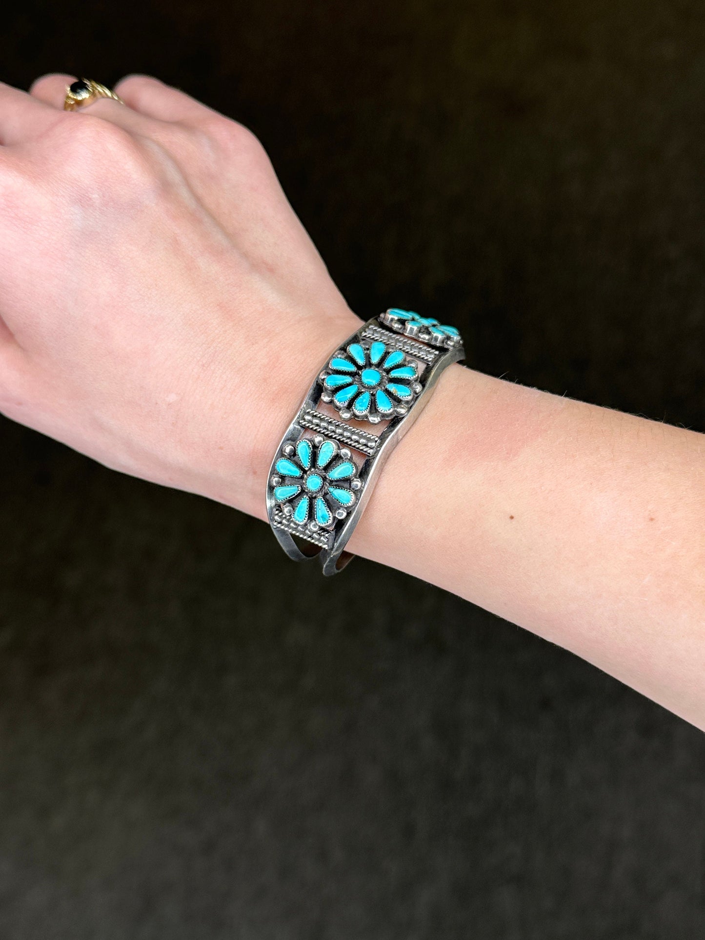 1950's Native American Sterling Silver Cuff Bracelet Petit Point Turquoise Ingot Silver