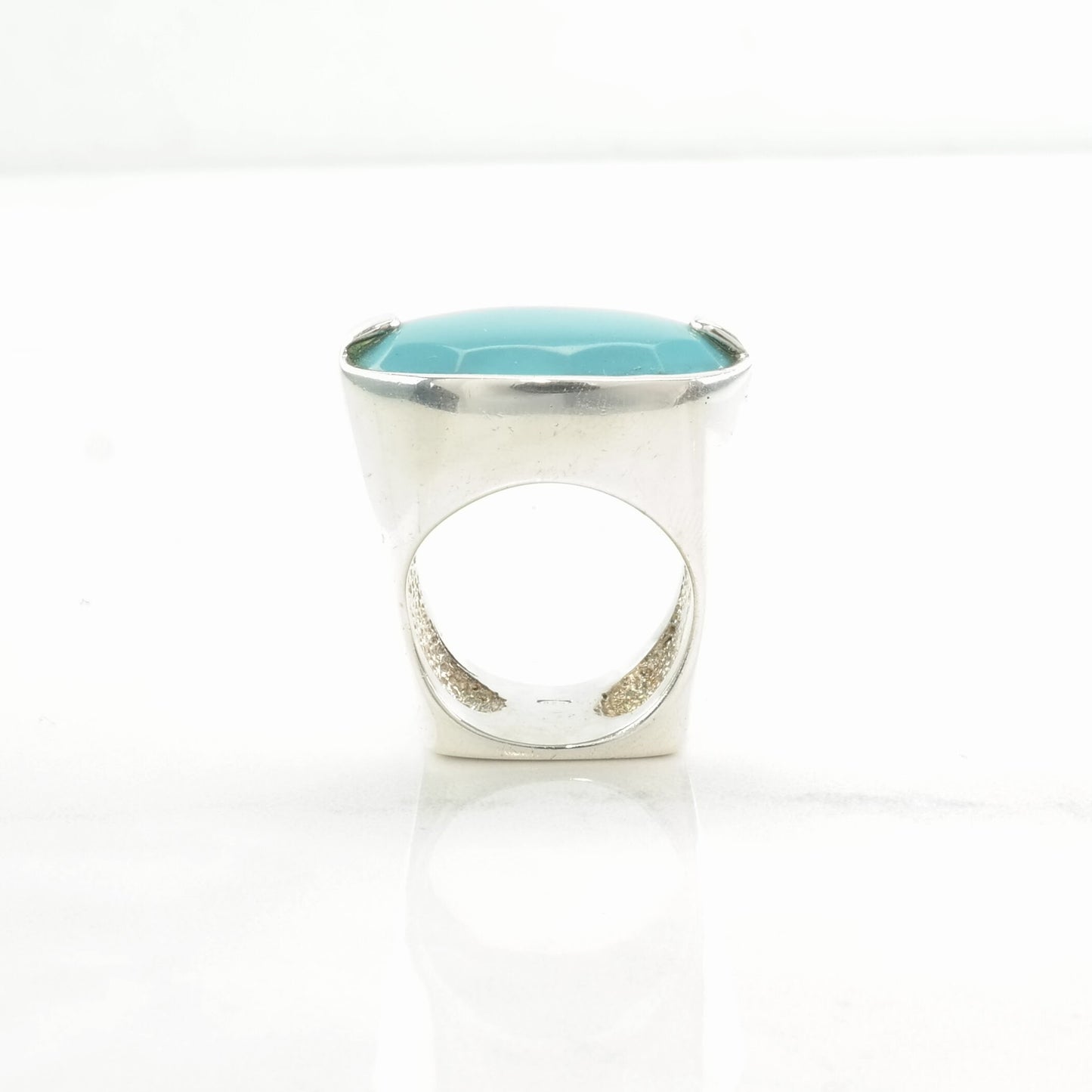 Vintage Heavy, Designer Silver Ring Created Turquoise Square Band Sterling Blue Size 7 1/2