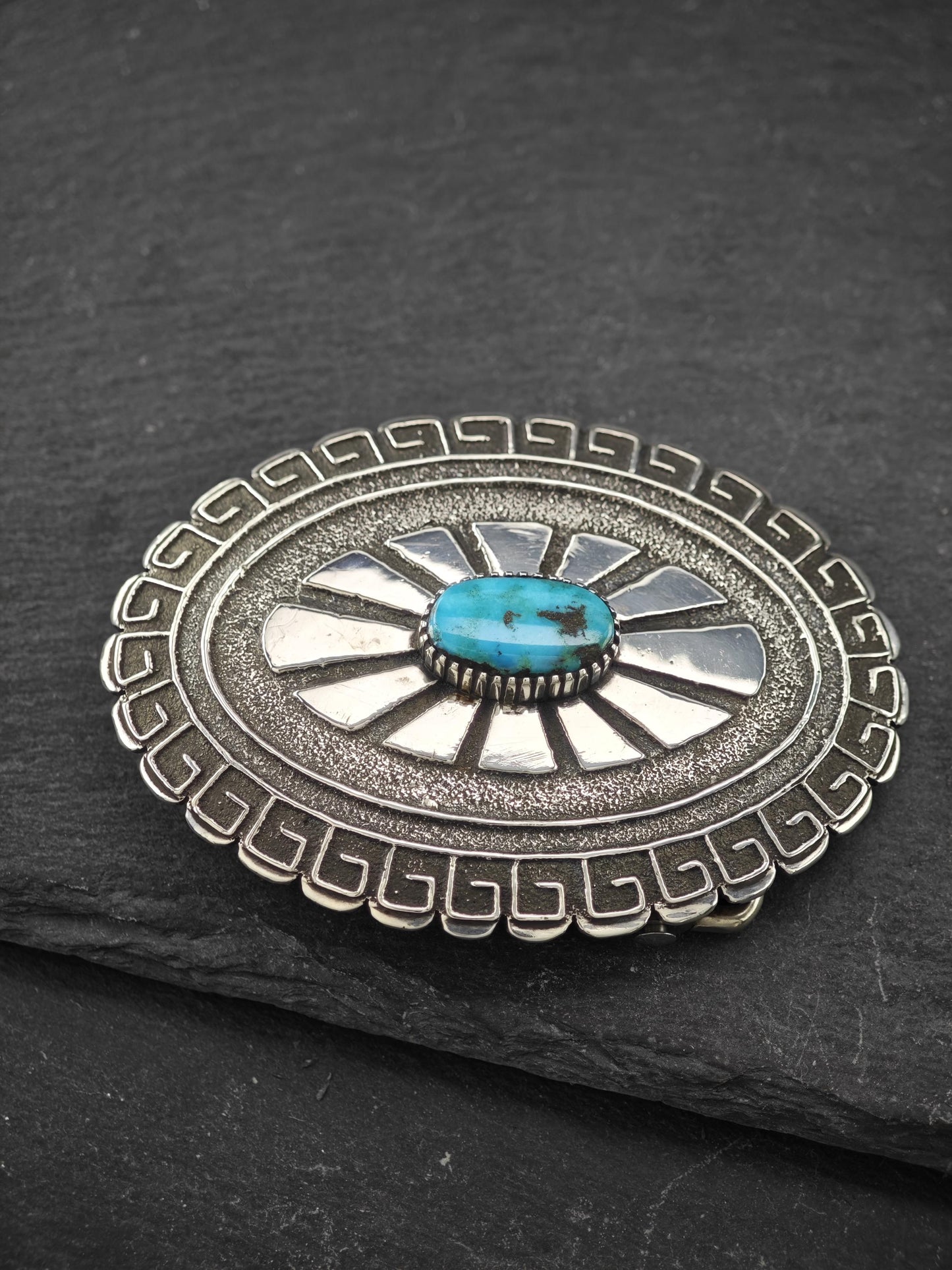 Signed Native American, Tufa Cast Belt Buckle Sterling Silver