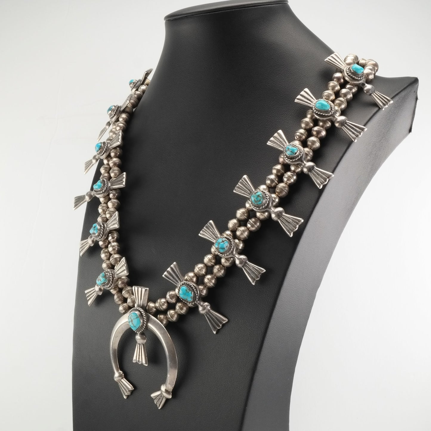 Vintage Native American Sterling Silver Gem Turquoise Squash Blossom Necklace