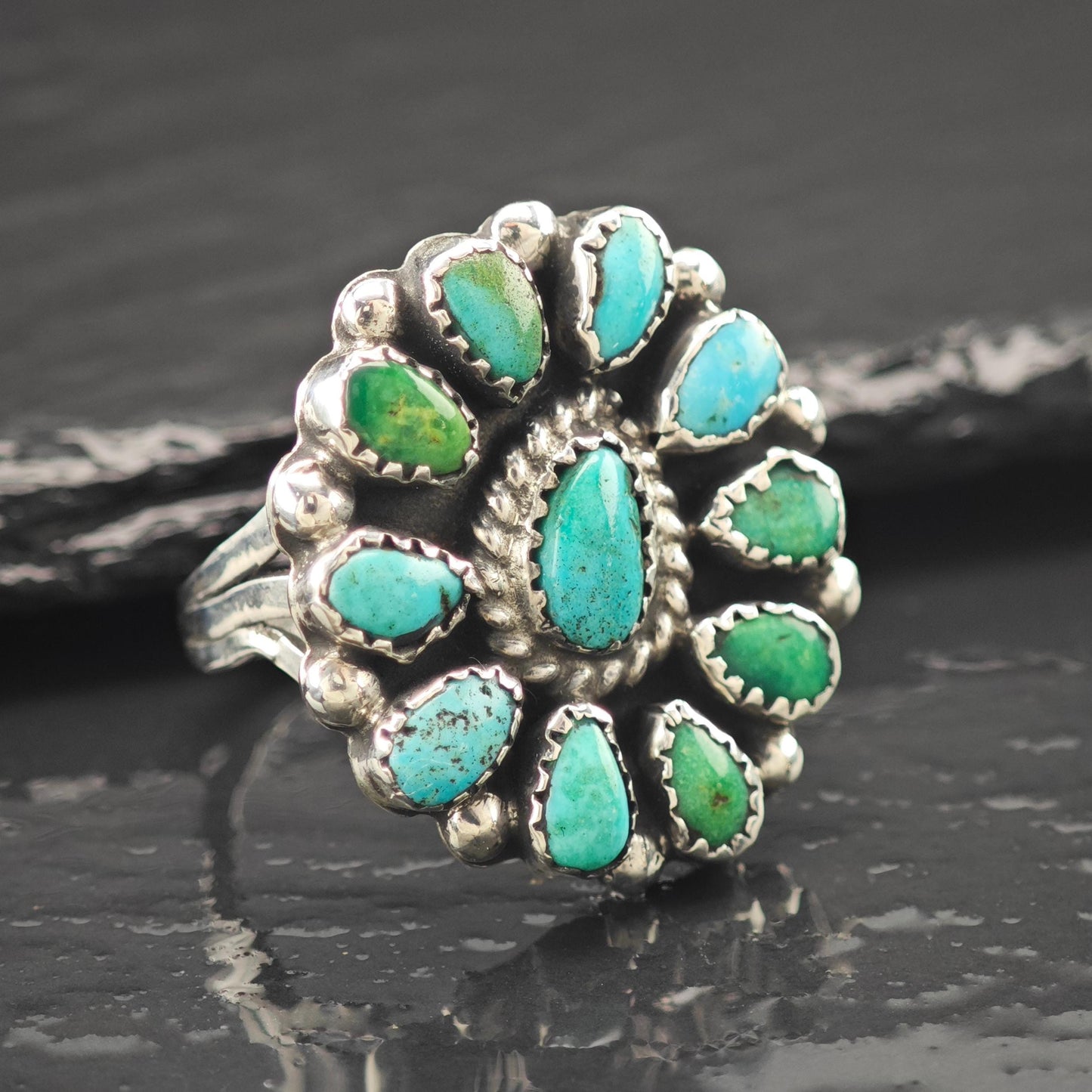 Native American Cluster Turquoise Ring Sterling Silver