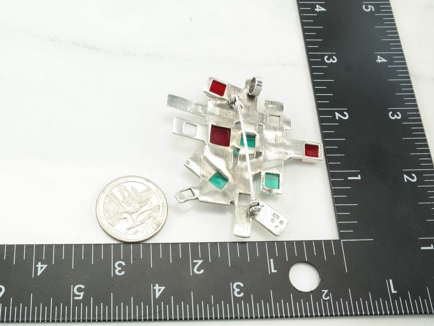 Silver Brooch Pendant Abstract Red Blue Glass Sterling B1447