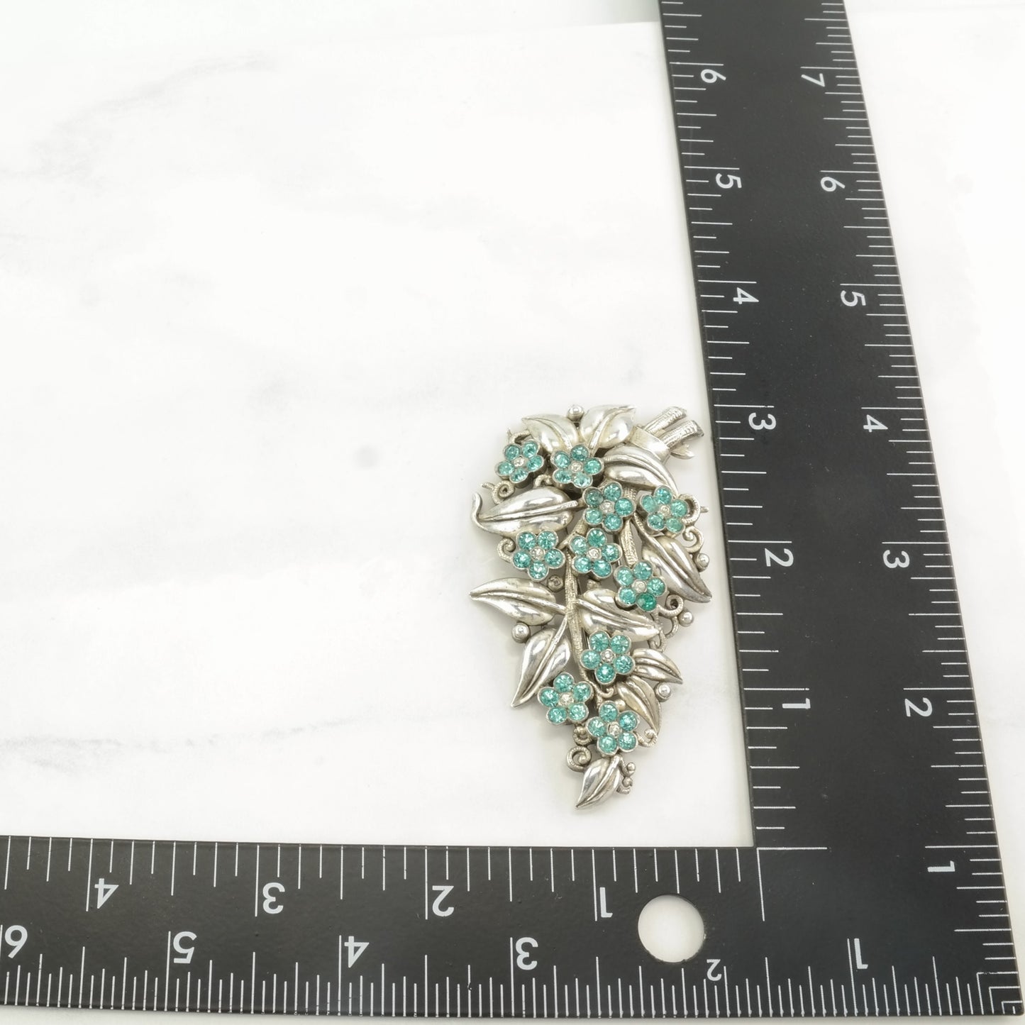 Crown Trifari Sterling Silver Brooch Floral Blue Colored Gemstone B1759