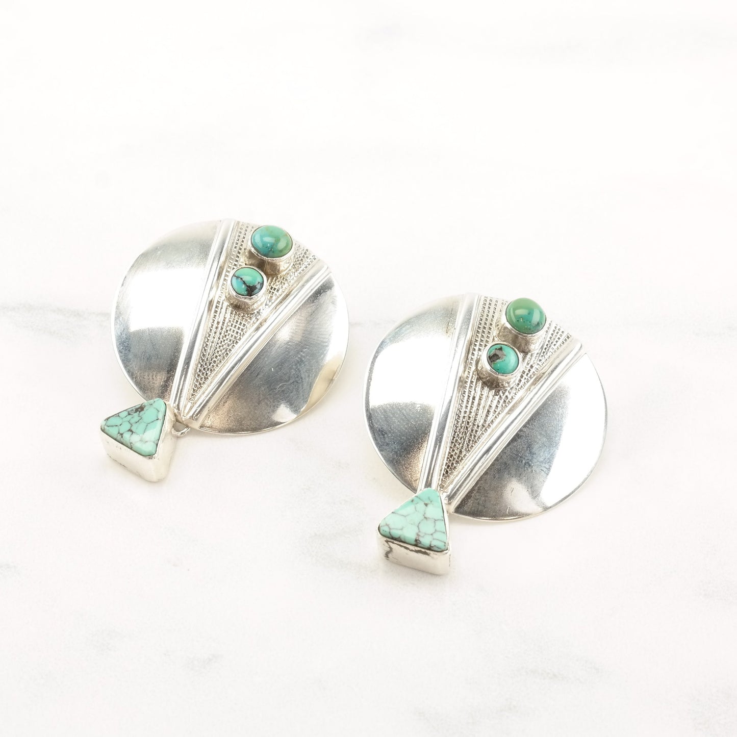 Native American Sterling Silver Spiderweb Turquoise Shield Earrings Stud Dangle