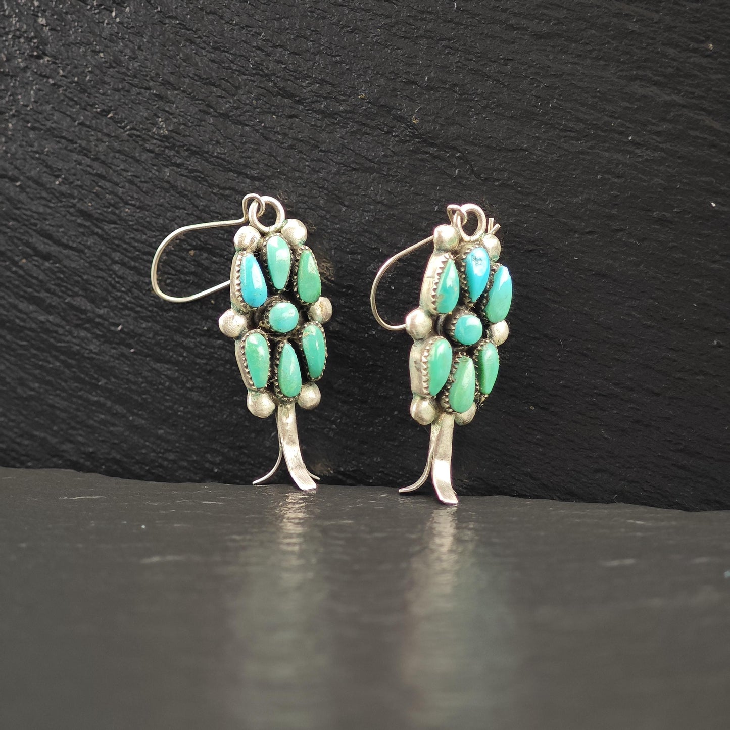 Zuni, Raynold Lonsee Floral Turquoise Kidney Wire Earrings Sterling Silver