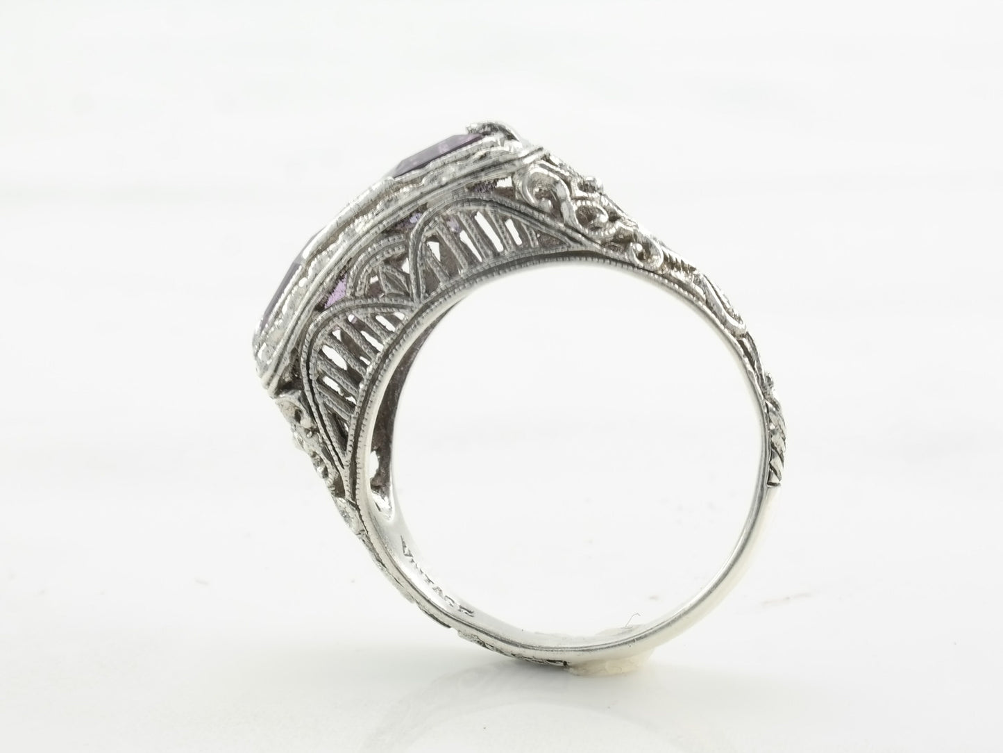 Vintage Sterling Silver Ring Double Amethyst, Gemstone, Floral, Filigree Size 6 3/4